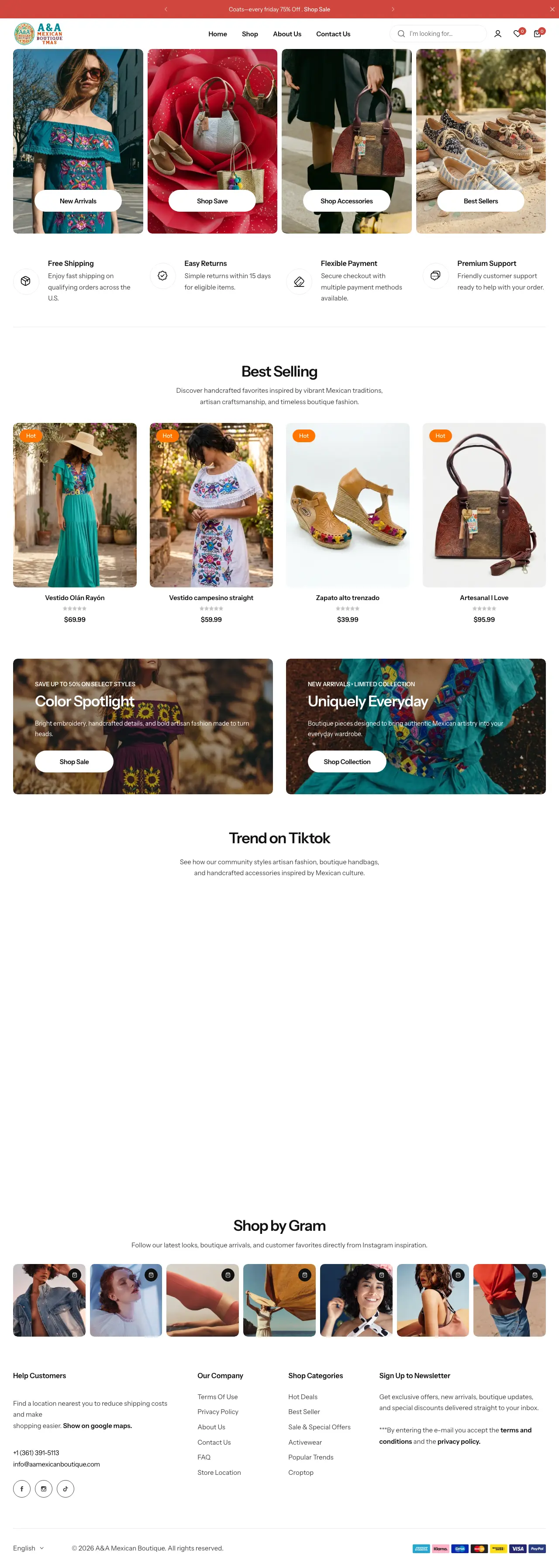 Homepage of A&A Mexican Boutique